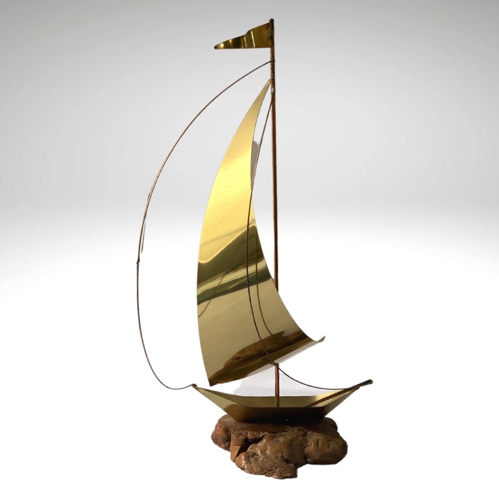 Vintage Brass Sailboat Sculpture Burlwood Base Windsurfer Nautical Handmade 15”